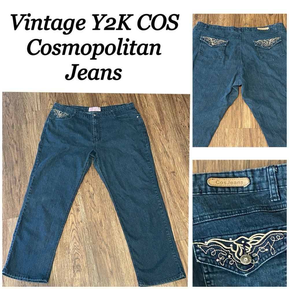 Vintage Y2K COS Cosmopolitan Jeans Stretchy Jeans Blue With Gold Embroidery 20W